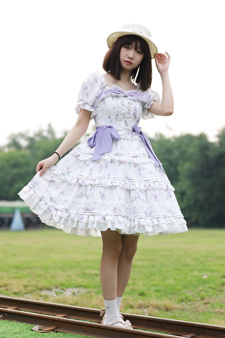 Square Collar Short Sleeve Triple-Layered Print Ruffle Elegant Lolita Dress