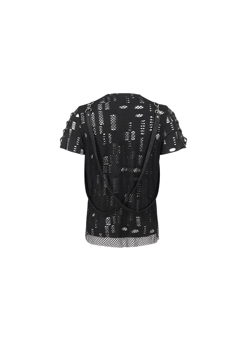 Punk T-Shirt for Men with Half Hollow Shoulder Tie Accent