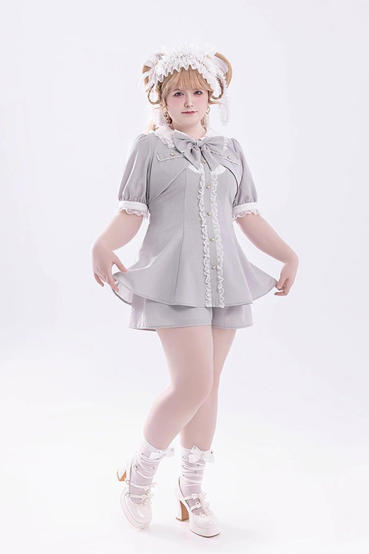 Grey Short Sleeves Ruffle Bowknot Fake Two Pieces Jirai Kei Japanese Dress Shorts
