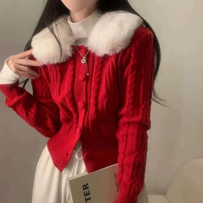 Faux Fur-Collar Cable-Knit Cardigan in 6 Colors - Red