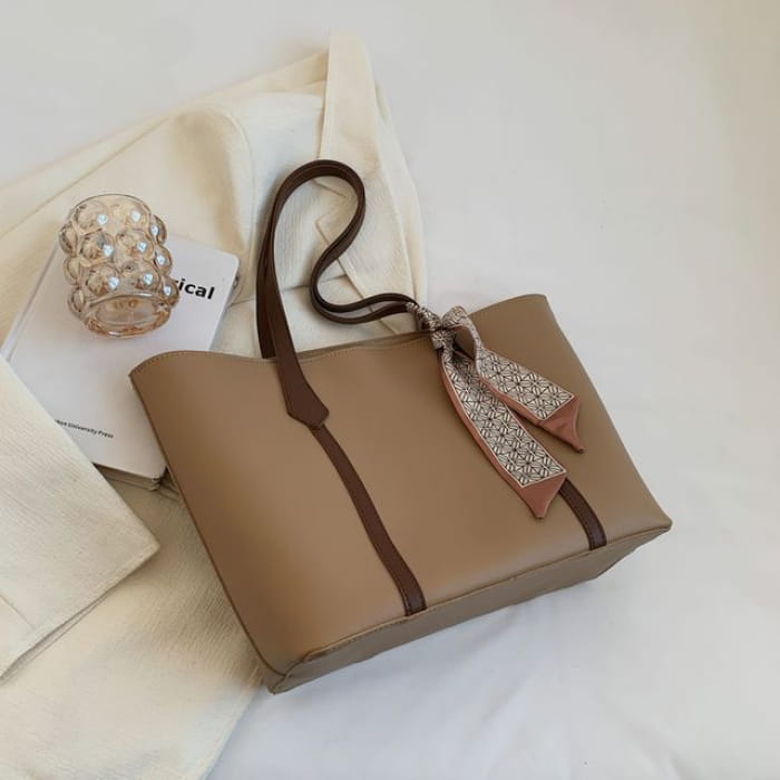 Faux Leather Tote Bag - Khaki / One Size