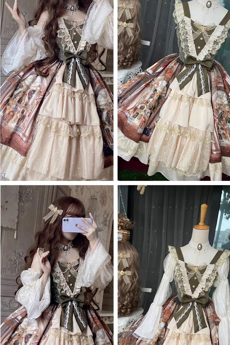 Versailles Palace Oil Painting Print Ruffle Cardigan Bow Elegant JSK