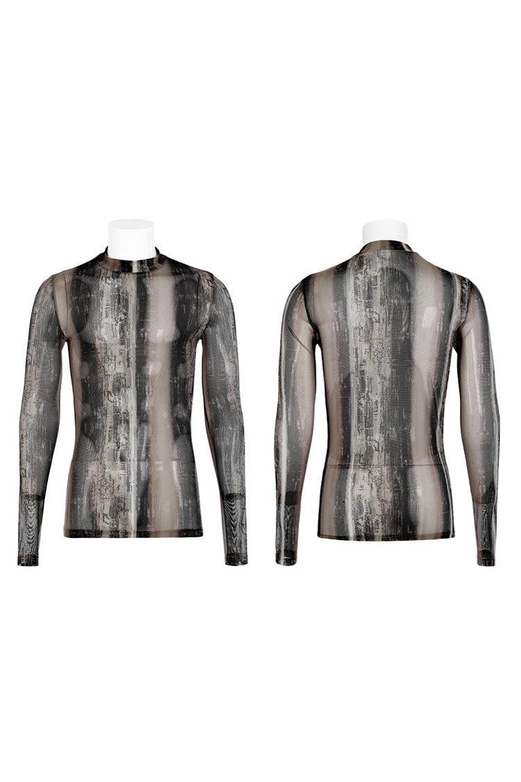 Black/Yellow Punk High Collar Tech Sense Printing Elastic Tight Long Sleeves Men's Shirt