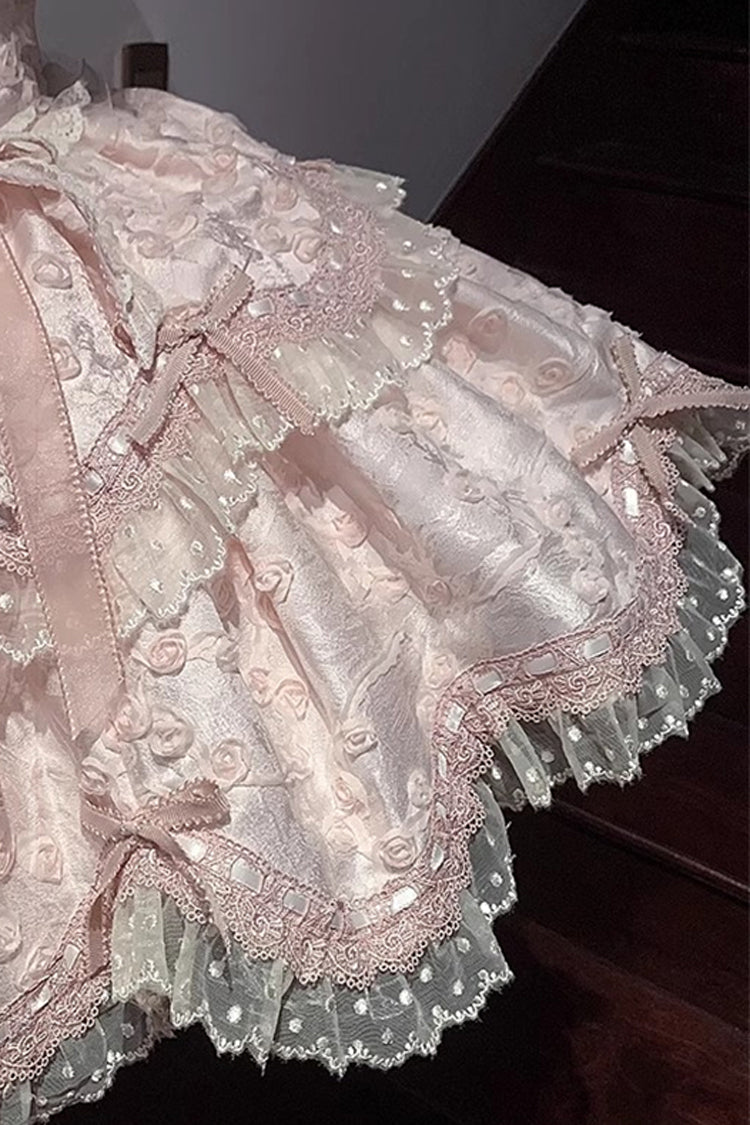 Pink Double-Layered Ruffled Embroidered Bow Lace Sweet JSK - Floral Overture