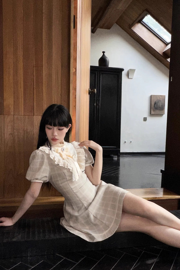 Apricot Plaid Printed Lace Japanese Dress