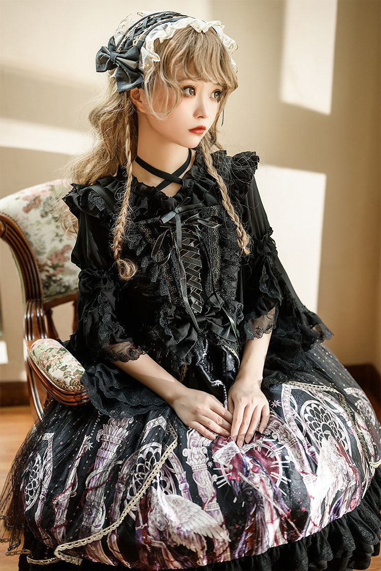 Black Gothic Lolita JSK Dress with Angel Wings Print and Mesh Ruffles - Altfashion Shop