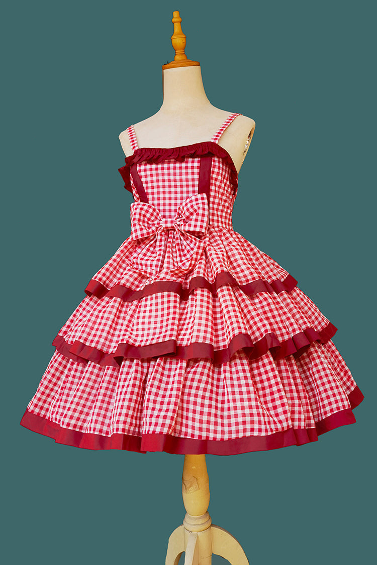 Red Triple-Layered Plaid Ruffle Bow Sweet Lolita Dress