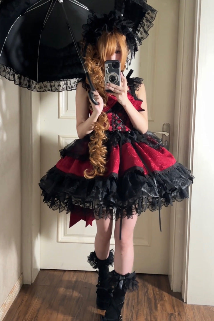 Red Sweet Ballet Lace Ruffle Sleeveless Bowknot Jsk Dress - Fleishi Island
