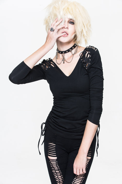 Cotton Knitted Big V-Neck Long-Sleeve Punk Dress