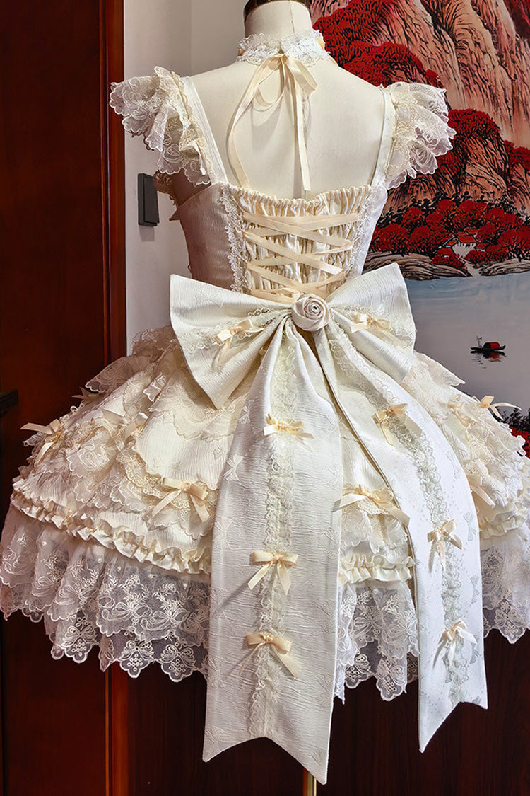 Apricot Ballet Lolita JSK Dress with Square Neckline Ruffles and Bow Lace Accents