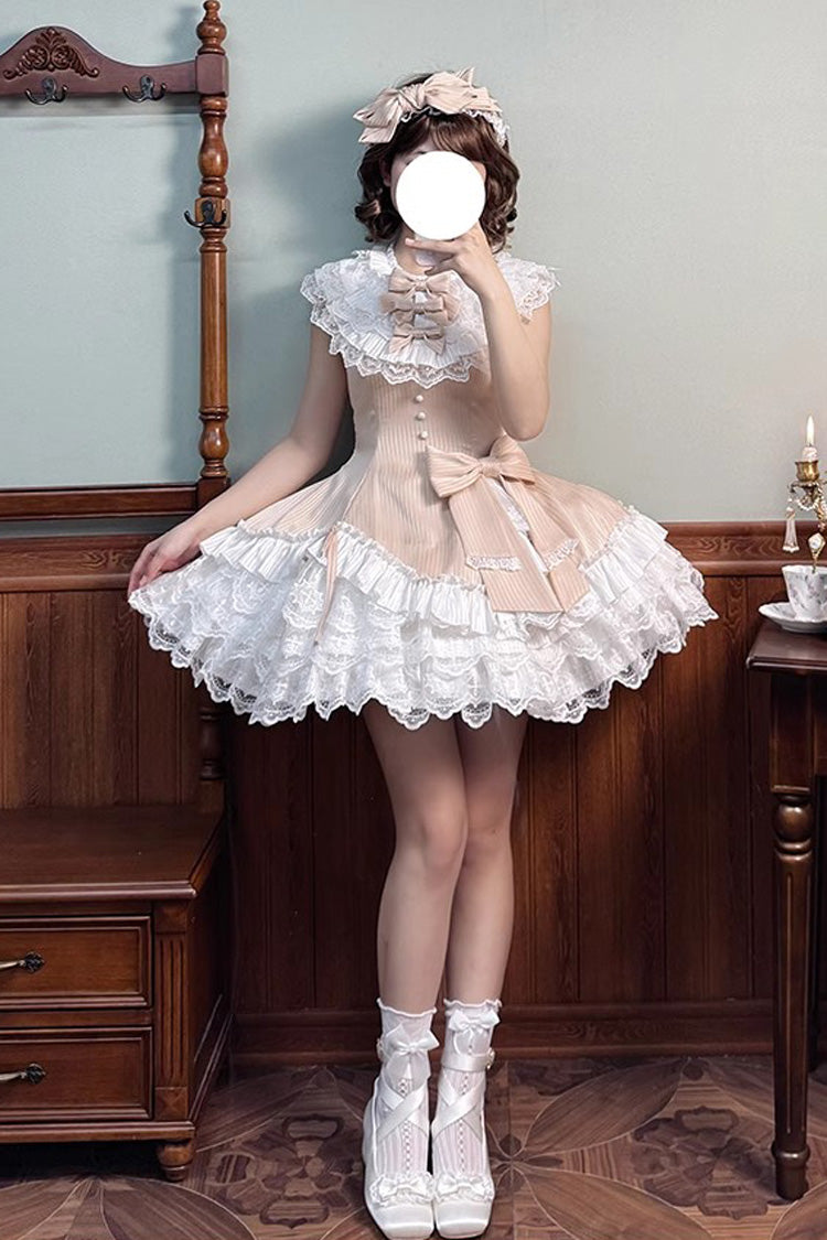 Champagne Asymmetric Lace Bow Sleeveless Multi-Layer Ruffle Sweet Lolita Dress - Miss Tsundere