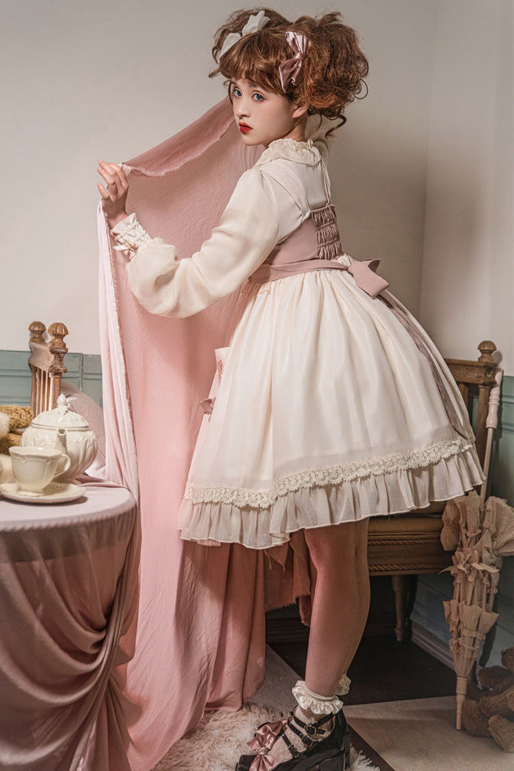 White & Pink Sleeveless Good Night Bear Print Cute Lolita Dress