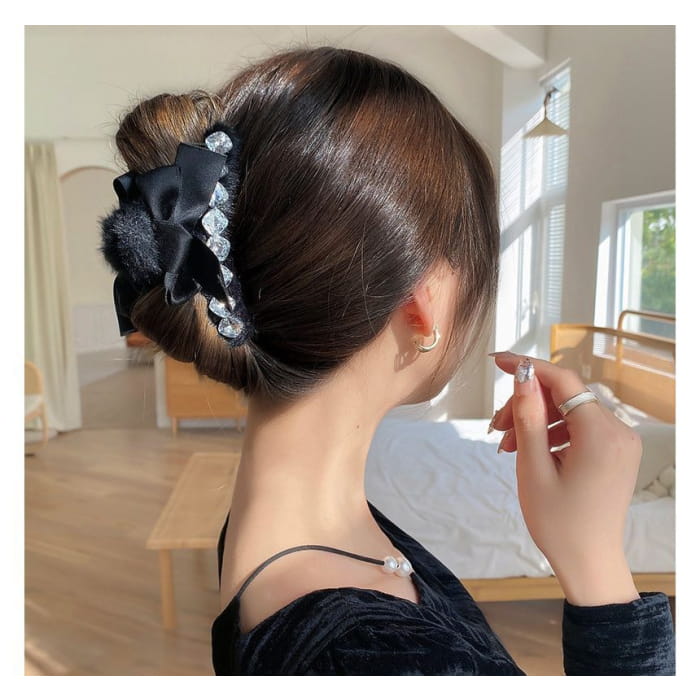 Fleece Bow Hair Claw - 02# - Black / One Size