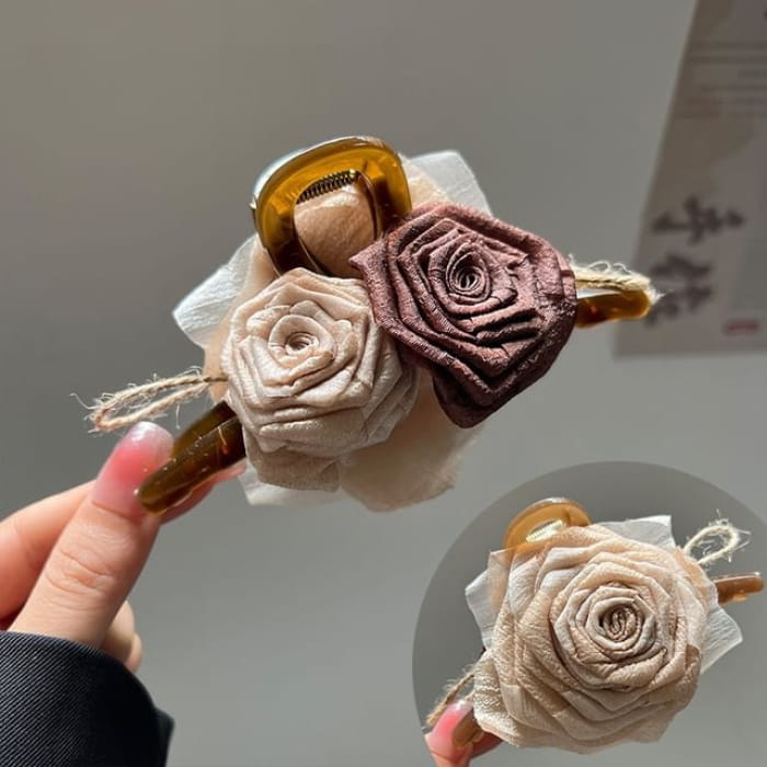 Floral Fabric Hair Clamp / Clip - 16 - Beige & Coffee