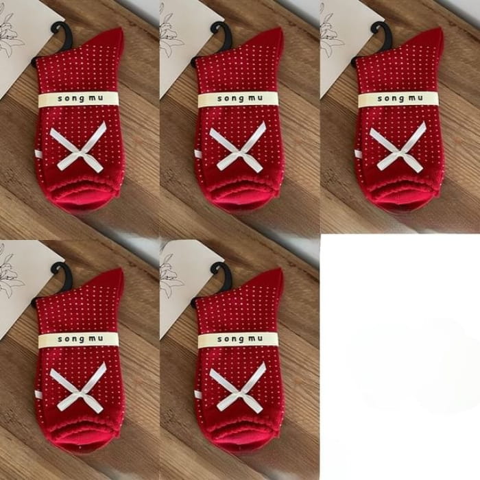 Floral Socks / Dotted Bow / Set - 08 - 5 Pairs - Red