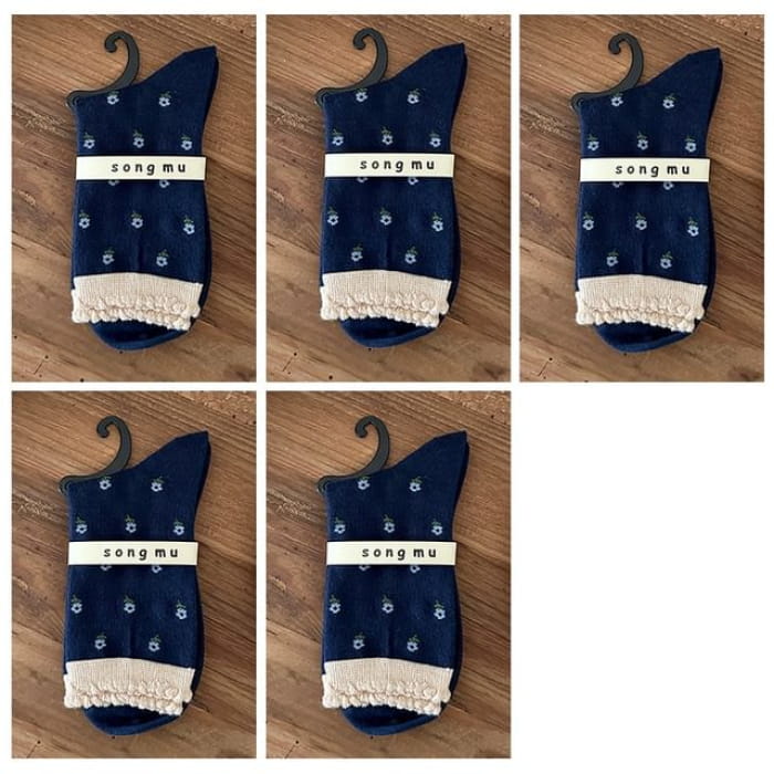 Floral Socks / Plain Bow / Set - Type 08 - 5 Pairs - Navy