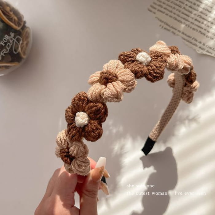 Floral Yarn Hair Clamp / Clip / Headband - Light Coffee