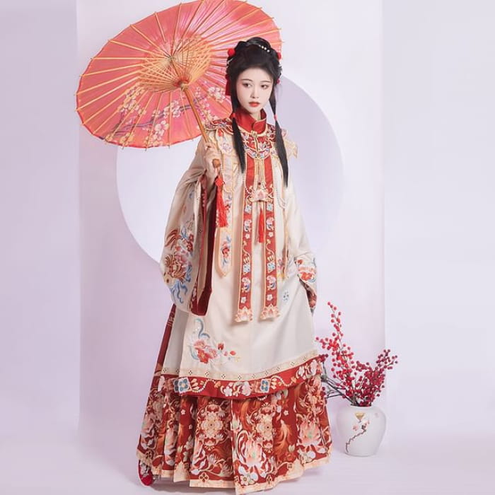 Flower Hanfu Top / Maxi Skirt / Scarf / Set - Tangerine &