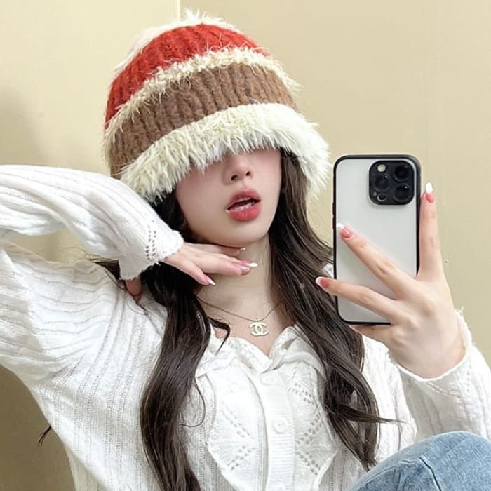 Fringed Color Block Knit Beanie - Red & Coffee / One Size