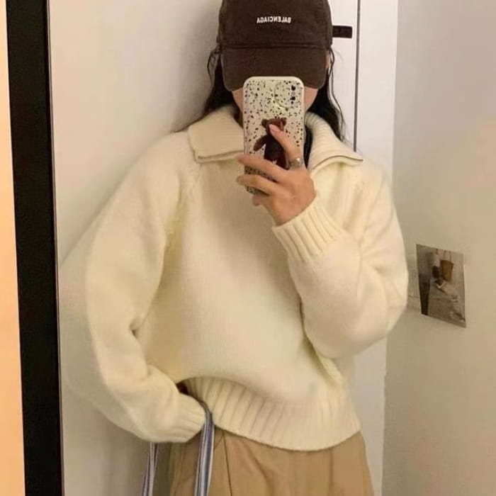 Half-Zip Stand-Collar Knit Sweater in 5 Colors - White