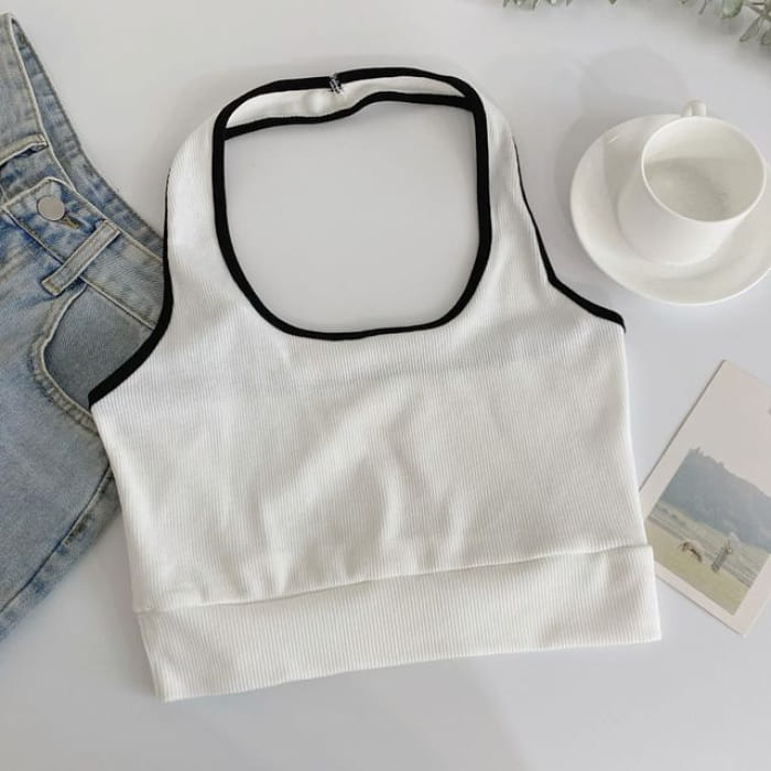 Halter Color Block Cami Top - White / One Size