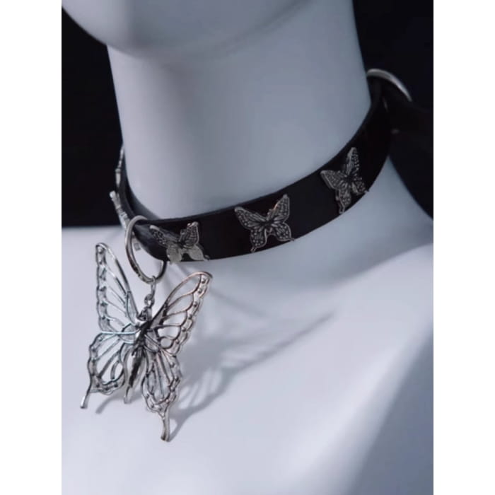 Handmade Metal Butterfly Pendant Black Choker - Free Size
