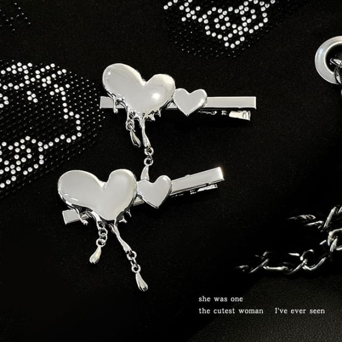 Heart Hair Clip / Set - of 2 - Silver / One Size