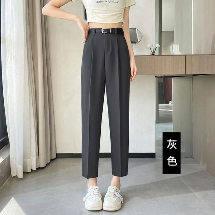 High Waist Plain Cropped Straight Leg Suit Pants - Gray / S