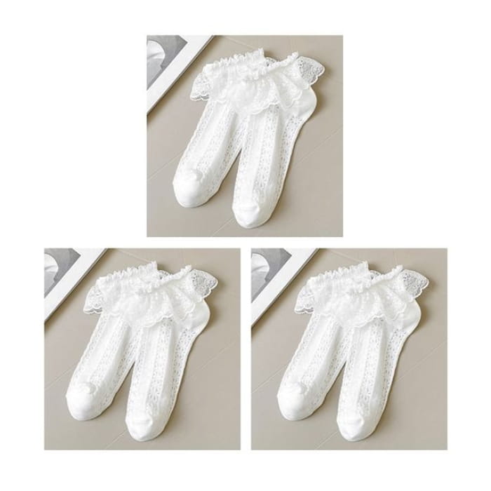Lace Socks / Set - Of 3 Pairs - Trim - White / One Size