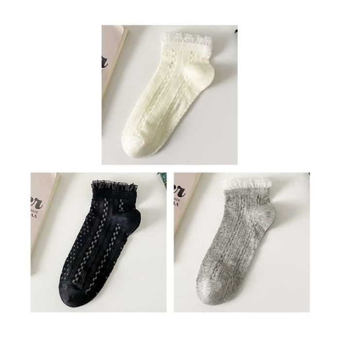 Lace Trim Socks Set - Of 3 Pairs - Black & Gray White