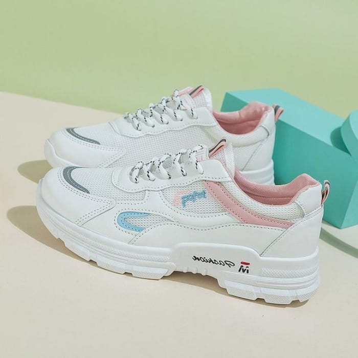 Letter Embroidered Mesh Panel Platform Sneakers - Pink / 35