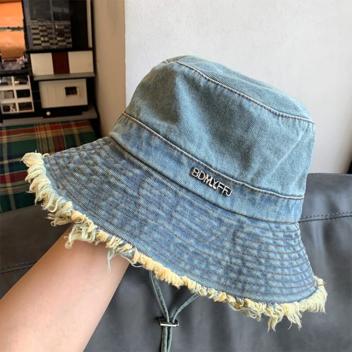 Lettering Fringed Denim Bucket Hat - Vintage Blue / One Size