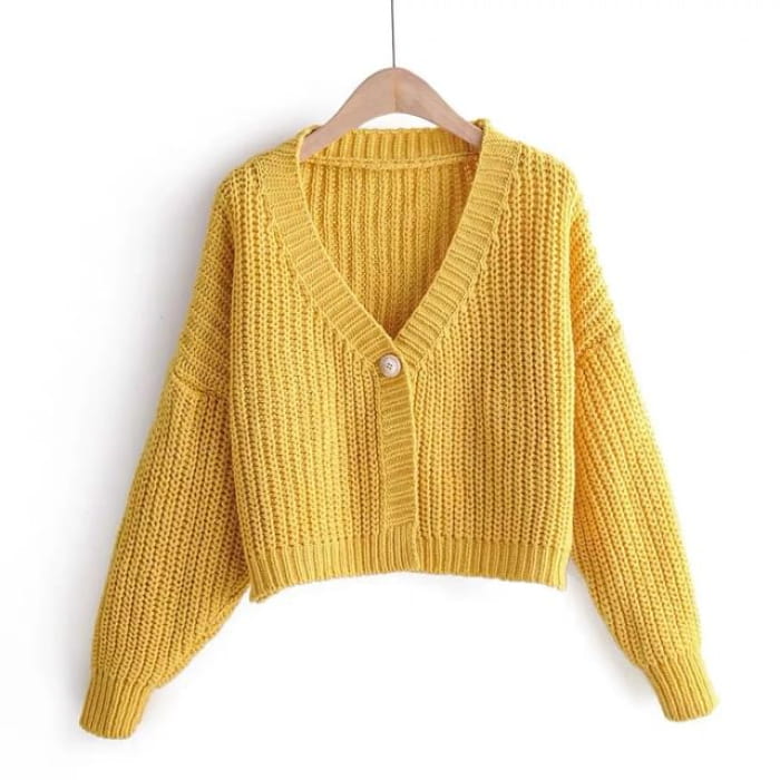 One-Button V-Neck Cardigan in 6 Colors - Yellow / One Size