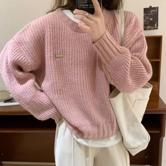 Oversized Crew-Neck Knit Sweater in 5 Colors - Pink