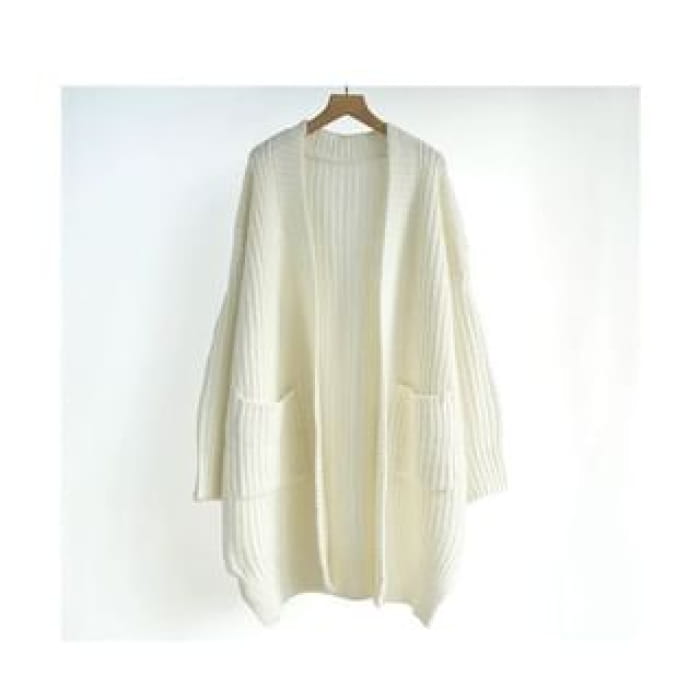 Oversized Open-Front V-Neck Long Cardigan - Off White