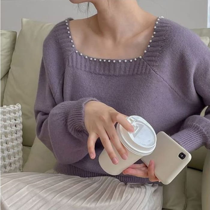 Pearl-Trim Square-Neck Loose Sweater in 5 Colors - Purple