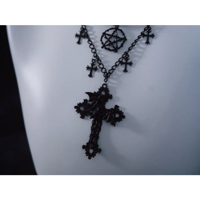 Pentagram Cross Pendant Black Triple Layered Necklace