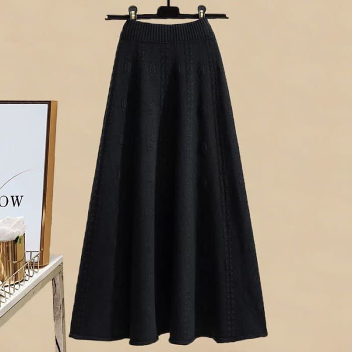 Pills Decor Cable Knit Sweater Skirt Set - Black Skirt / M