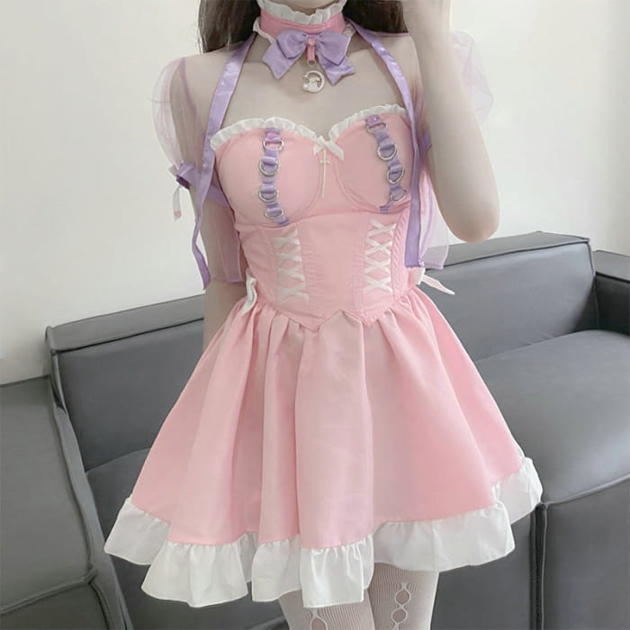 Pink Lace Up Lolita Maid Dress Set Cospicky Pink Lace Up Lolita Maid Dress Set Cospicky