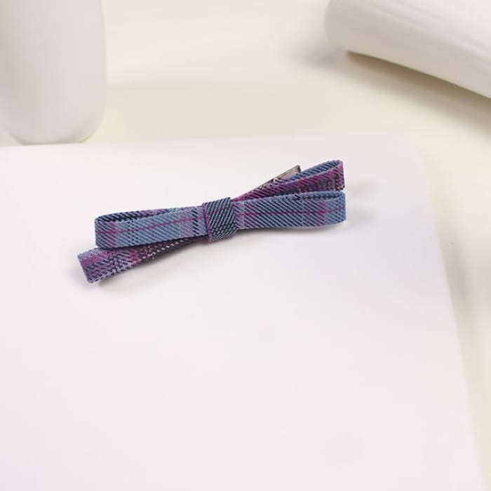 Plaid Bow Hair Clip - Type 06 - Dark Blue / One Size