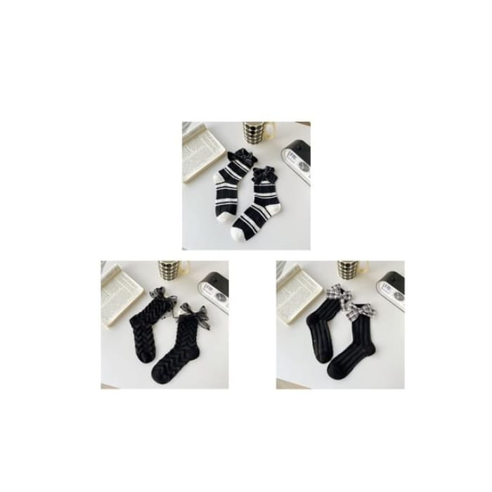 Plaid Bow Socks Set - Of 3 Pairs - White Stripes - Black &