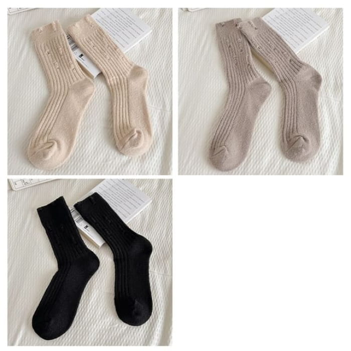 Plain Distressed Ribbed Socks Set - Type 9 - 3 Pairs