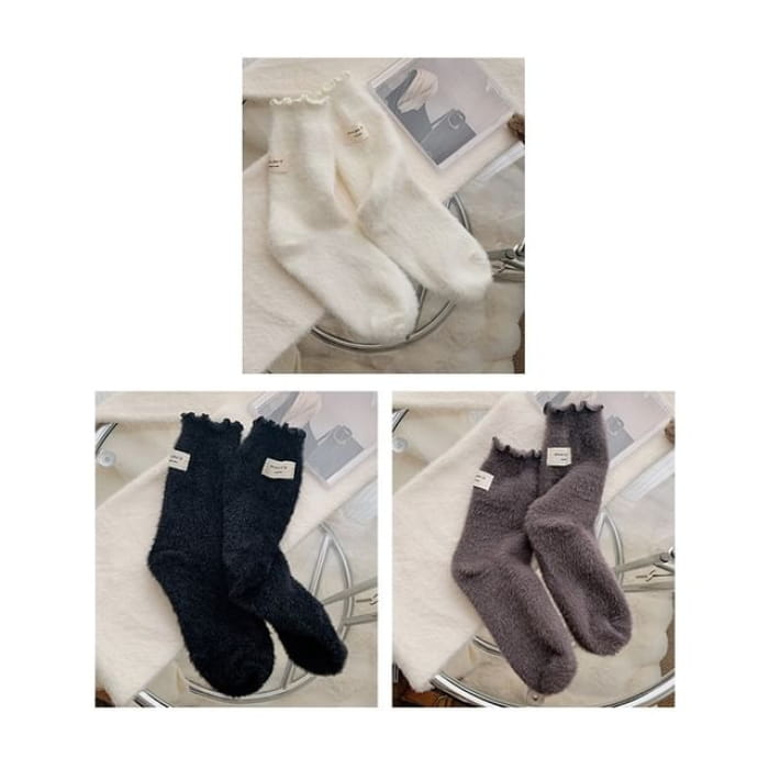 Plain Lettuce Edge Applique Fleece Socks / Set - of 3 Pair