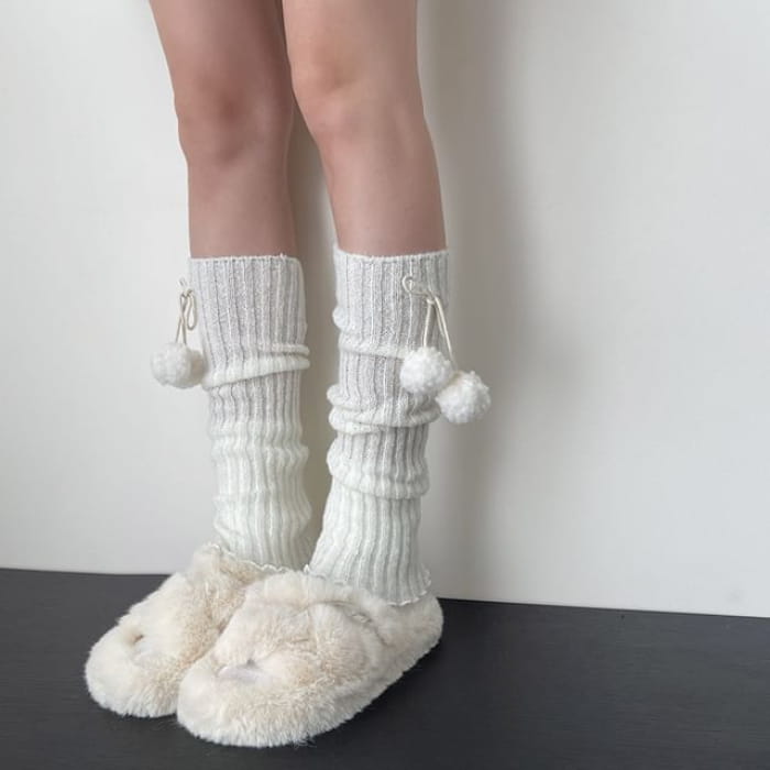 Pom Knit Leg Warmers - White / One Size
