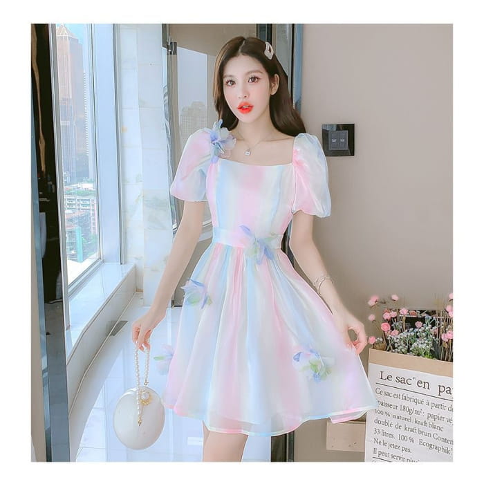 Puff Sleeve Square Neck Gradient Flower Detail A-Line Dress