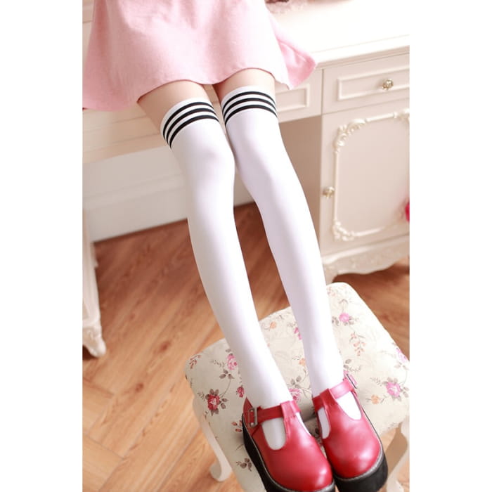 Pure Color Stripes Socks Long Over the Knee - White B
