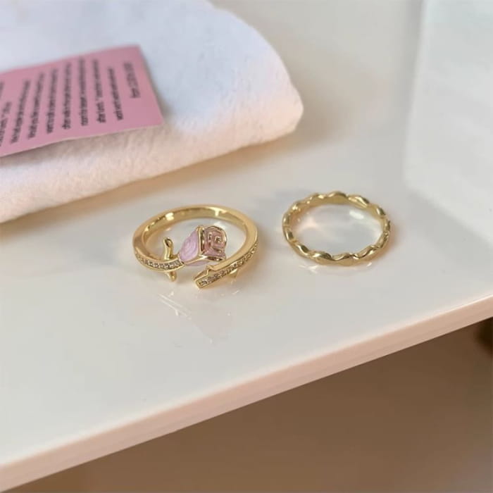 Rose Enamel Alloy Open Ring / Wavy - J4477 - Pink / One Size
