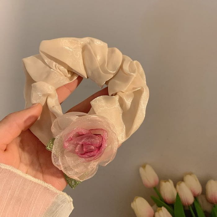Rose Organza Scrunchie / Hair Clip / Clamp - Tie - White &