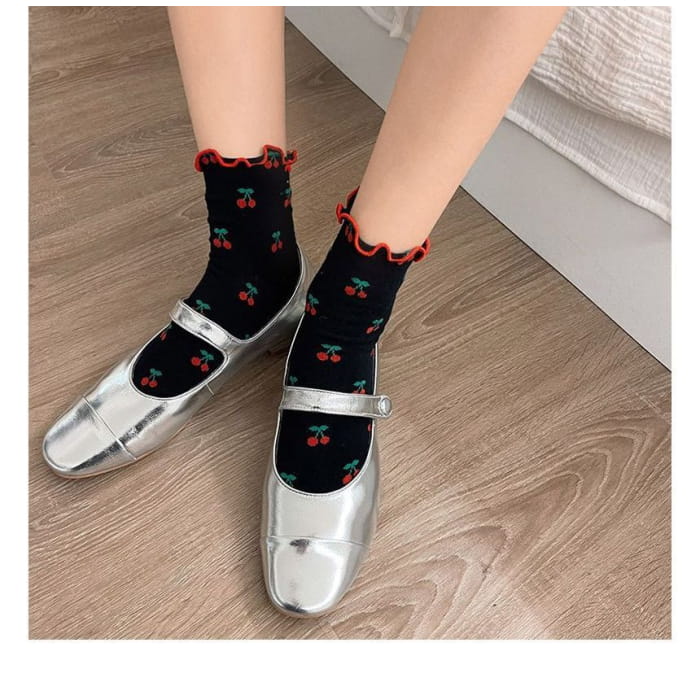 Ruffled Cherry Printed Socks - Black / One Size