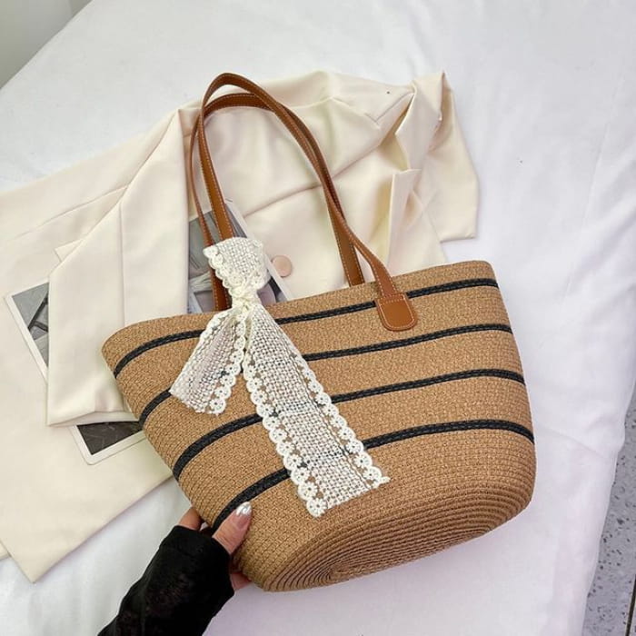 Set: Striped Straw Tote Bag + Lace Strap - Type 2 - Set - &